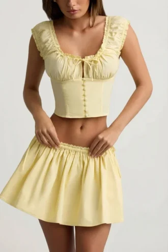 Top corset Faela din poplin de bumbac cu volane, în culoarea galben lămâie Top corset Faela din poplin de bumbac cu volane, în culoarea galben lămâie