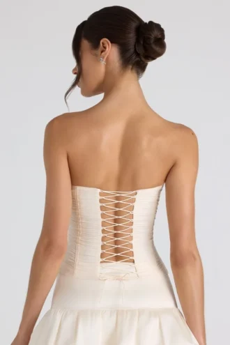 Top corset fără bretele, cu dantelă și volane, Melvina, în culoarea ivoriu Top corset fără bretele, cu dantelă și volane, Melvina, în culoarea ivoriu