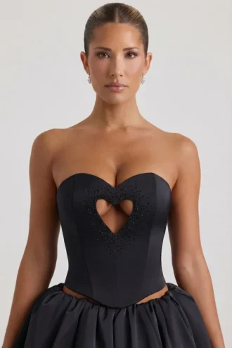 Top corset fără bretele cu decupaj în formă de inimă și ornamente Amora, negru Top corset fără bretele cu decupaj în formă de inimă și ornamente Amora, negru