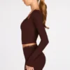 Top cu bretele din modal cu nervuri și mâneci lungi Margaux, culoare maro ciocolată