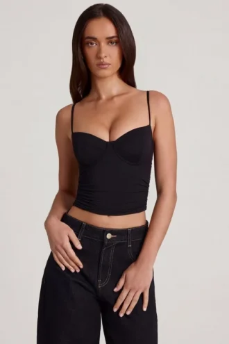 Top cu bretele și sârmă, cu volane, din TENCEL™ Modal, model Mirelle, negru Top cu bretele și sârmă, cu volane, din TENCEL™ Modal, model Mirelle, negru