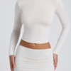 Top cu mâneci lungi și volane Alia din modal, culoare alb Top cu mâneci lungi și volane Alia din modal, culoare alb