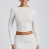 Top cu mâneci lungi și volane Alia din modal, culoare alb Top cu mâneci lungi și volane Alia din modal, culoare alb