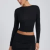Top cu mâneci lungi și volane Alia din modal, negru Top cu mâneci lungi și volane Alia din modal, negru