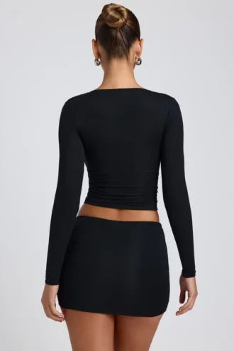 Top cu mâneci lungi și volane Alia din modal, negru