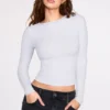 Top cu mâneci lungi și volane din modal cu nervuri Luisa, în culoarea gri