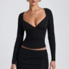 Top cu mâneci lungi și volane Emry Modal, negru