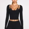 Top cu sutien cu dantelă, cu mâneci lungi, din modal cu nervuri Margaux, negru Top cu sutien cu dantelă, cu mâneci lungi, din modal cu nervuri Margaux, negru