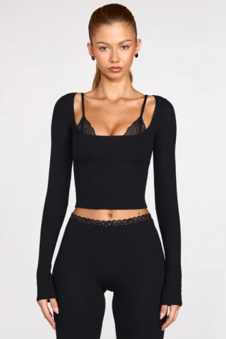 Top cu sutien cu dantelă, cu mâneci lungi, din modal cu nervuri Margaux, negru