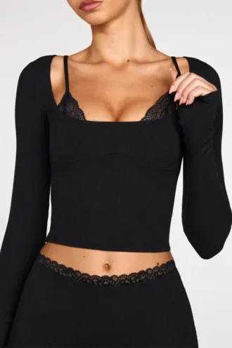 Top cu sutien cu dantelă, cu mâneci lungi, din modal cu nervuri Margaux, negru