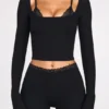 Top cu sutien cu dantelă, cu mâneci lungi, din modal cu nervuri Margaux, negru Top cu sutien cu dantelă, cu mâneci lungi, din modal cu nervuri Margaux, negru