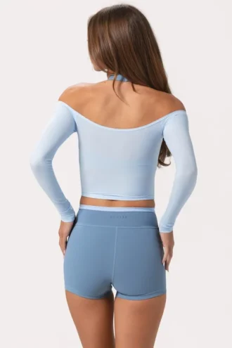 Top cu umerii goi din jersey moale, culoare albastru pudră
