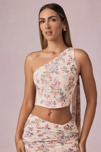 Top cu un umăr și detaliu eșarfă Rae, cu imprimeu floral Primrose