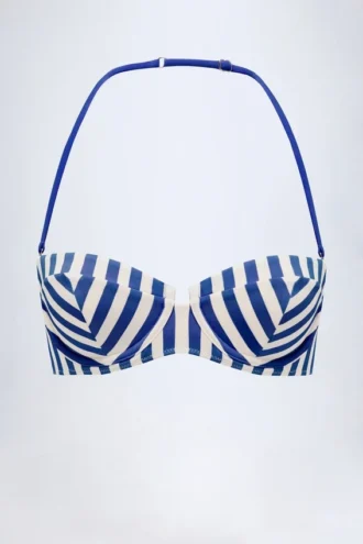 Top de bikini balconet cu sârmă și gât halter Ascona, cu dungi albastre marine