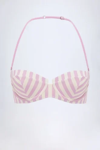Top de bikini balconetă cu sârmă și gât halter Ascona, cu dungi mov