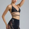 Top de bikini cu bretele încrucișate și ornamente Liberty, negru Top de bikini cu bretele încrucișate și ornamente Liberty, negru