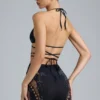 Top de bikini cu bretele încrucișate și ornamente Liberty, negru Top de bikini cu bretele încrucișate și ornamente Liberty, negru