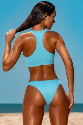 Top de costume de baie sportiv cu fermoar, de culoare turcoaz Top de costume de baie sportiv cu fermoar, de culoare turcoaz