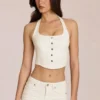 Top din denim Elowis cu gât halter, stil corset, în culoarea ivoriu Top din denim Elowis cu gât halter, stil corset, în culoarea ivoriu