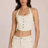 Top din denim Elowis cu gât halter, stil corset, în culoarea ivoriu Top din denim Elowis cu gât halter, stil corset, în culoarea ivoriu