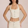 Top din denim Elowis cu gât halter, stil corset, în culoarea ivoriu Top din denim Elowis cu gât halter, stil corset, în culoarea ivoriu