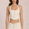 Top din denim Elowis cu gât halter, stil corset, în culoarea ivoriu Top din denim Elowis cu gât halter, stil corset, în culoarea ivoriu