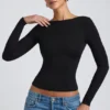 Top Elli din modal, cu guler înalt, mâneci lungi și spate decupat, negru