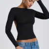 Top Elli din modal, cu guler înalt, mâneci lungi și spate decupat, negru