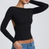 Top Elli din modal, cu guler înalt, mâneci lungi și spate decupat, negru