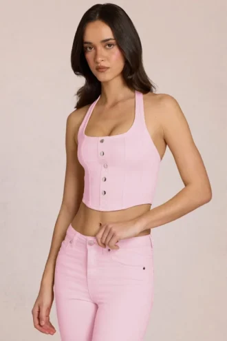 Top Elowis din denim cu gât halter, în stil corset, în roz floare