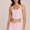 Top Elowis din denim cu gât halter, în stil corset, în roz floare Top Elowis din denim cu gât halter, în stil corset, în roz floare