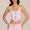 Top Elowis din denim cu gât halter, în stil corset, în roz floare Top Elowis din denim cu gât halter, în stil corset, în roz floare
