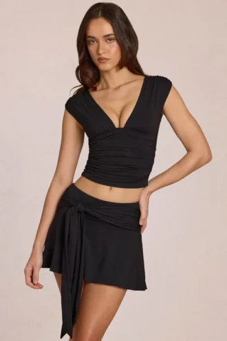 Top Nalia din modal cu decolteu adânc, negru