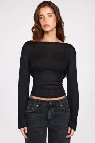 Top negru cu mâneci lungi și spate decupat din tricot transparent Nari