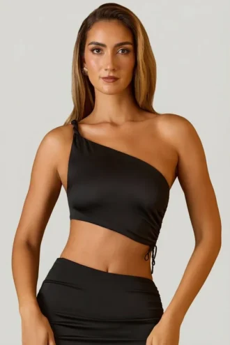 Top scurt asimetric cu volane Brisa, negru