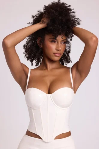 Top scurt corset cu sârmă din vinil Cassandra, alb