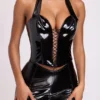 Top scurt corset din vinil Ophelia cu gât halter și șireturi, negru Top scurt corset din vinil Ophelia cu gât halter și șireturi, negru