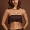 Top scurt cu bretele și dantelă, cu franjuri, Bruma, în culoarea maro ciocolată Top scurt cu bretele și dantelă, cu franjuri, Bruma, în culoarea maro ciocolată