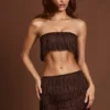 Top scurt cu bretele și dantelă, cu franjuri, Bruma, în culoarea maro ciocolată Top scurt cu bretele și dantelă, cu franjuri, Bruma, în culoarea maro ciocolată