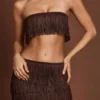 Top scurt cu bretele și dantelă, cu franjuri, Bruma, în culoarea maro ciocolată Top scurt cu bretele și dantelă, cu franjuri, Bruma, în culoarea maro ciocolată