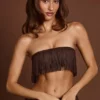 Top scurt cu bretele și dantelă, cu franjuri, Bruma, în culoarea maro ciocolată Top scurt cu bretele și dantelă, cu franjuri, Bruma, în culoarea maro ciocolată