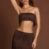 Top scurt cu bretele și dantelă, cu franjuri, Bruma, în culoarea maro ciocolată Top scurt cu bretele și dantelă, cu franjuri, Bruma, în culoarea maro ciocolată