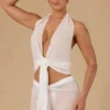 Top scurt cu decolteu halter și legături în față, model Harbour, în culoarea alb Top scurt cu decolteu halter și legături în față, model Harbour, în culoarea alb