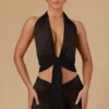 Top scurt cu decolteu halter și nod în față, model Harbour, negru Top scurt cu decolteu halter și nod în față, model Harbour, negru