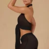 Top scurt cu decolteu halter și nod în față, model Harbour, negru Top scurt cu decolteu halter și nod în față, model Harbour, negru
