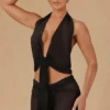 Top scurt cu decolteu halter și nod în față, model Harbour, negru Top scurt cu decolteu halter și nod în față, model Harbour, negru