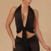 Top scurt cu decolteu halter și nod în față, model Harbour, negru Top scurt cu decolteu halter și nod în față, model Harbour, negru