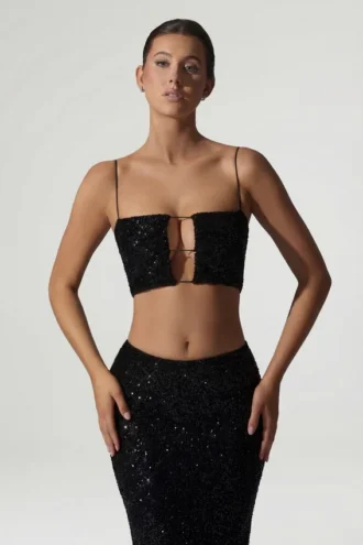 Top scurt cu decupaje și ornamente Ariana, negru