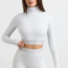 Top scurt cu guler înalt și mâneci lungi, fără spate, în gri melanj