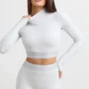 Top scurt cu guler înalt și mâneci lungi, fără spate, în gri melanj